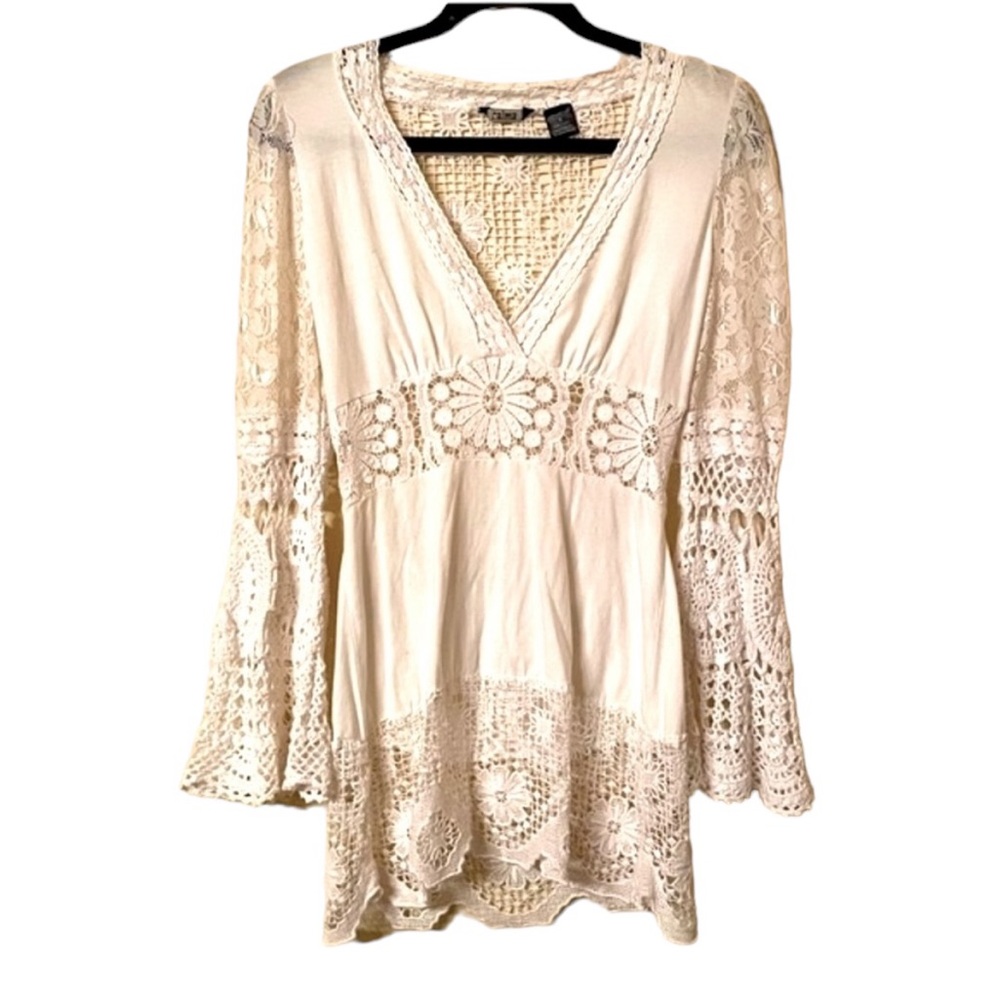 Floral Crocheted Creamy White Mini Dress Bell Sleeves. Coastal Gramma - Picture 2 of 11